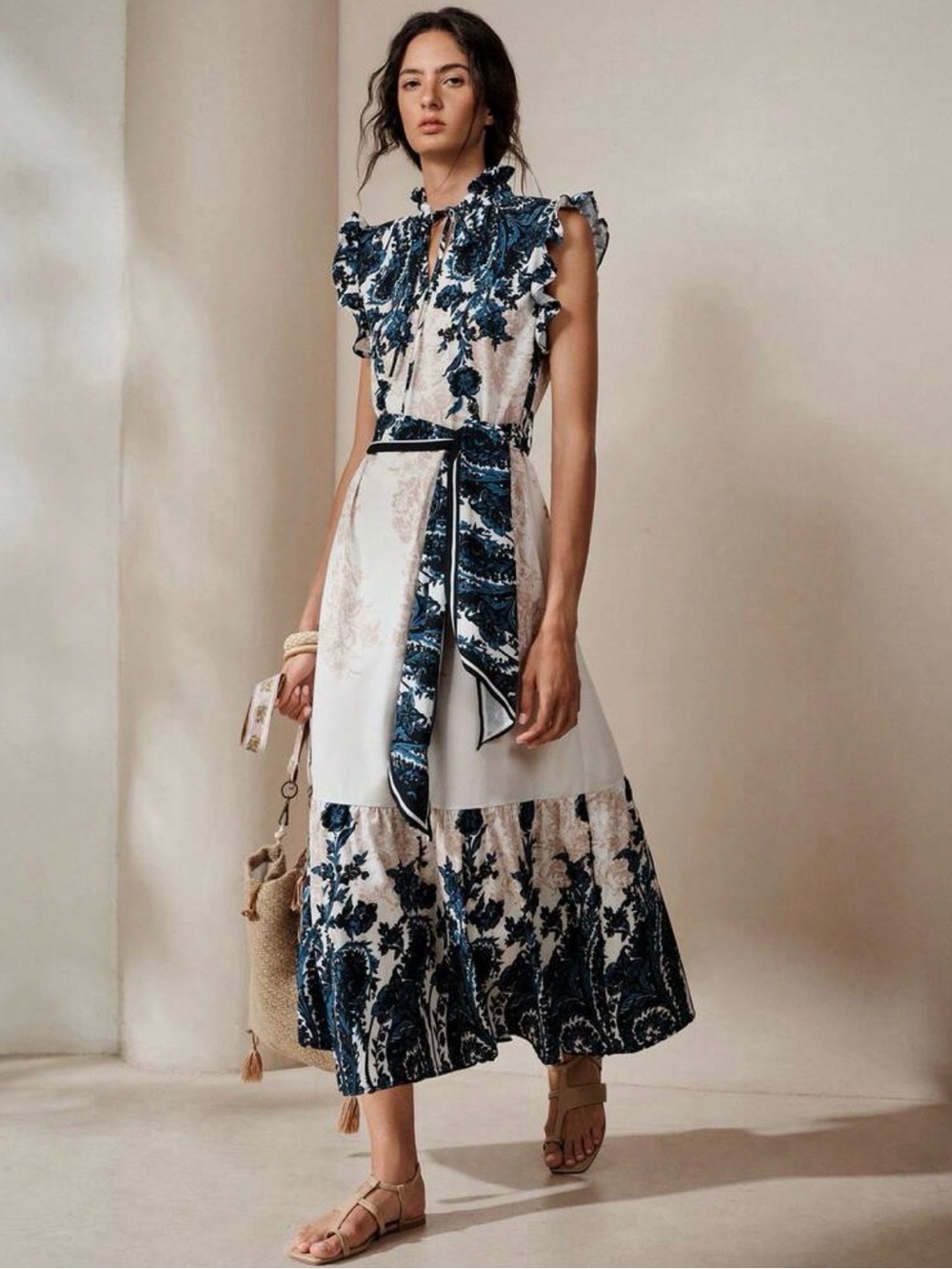 NWT Floral Boho Autumn Print Tie-Waist Midi Dress in Navy Blue Cream White
